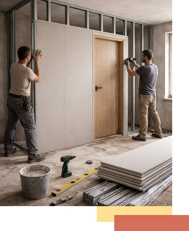 Перегородка из гипсокартона с дверью под ключ в Сальске