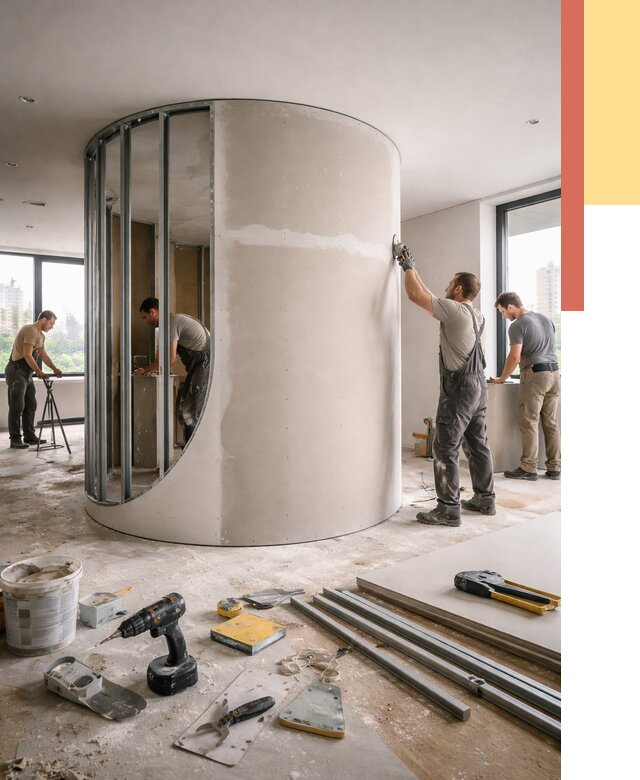 Радиусная перегородка из гипсокартона в Сальске от 2949 руб. под ключ | ОТДЕЛОЧНИК-Слс