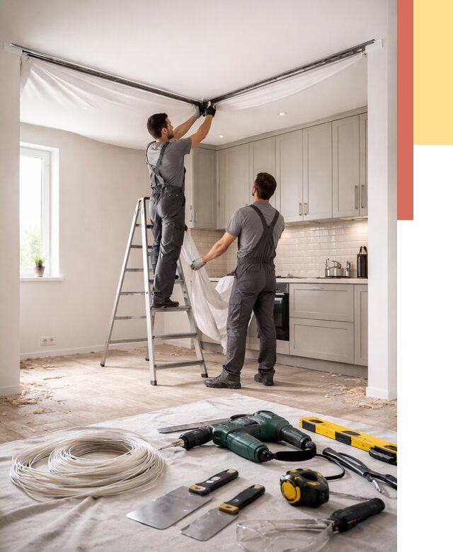 Установка натяжного потолка на кухне в Сальске от 2440 руб. | ОТДЕЛОЧНИК-Слс