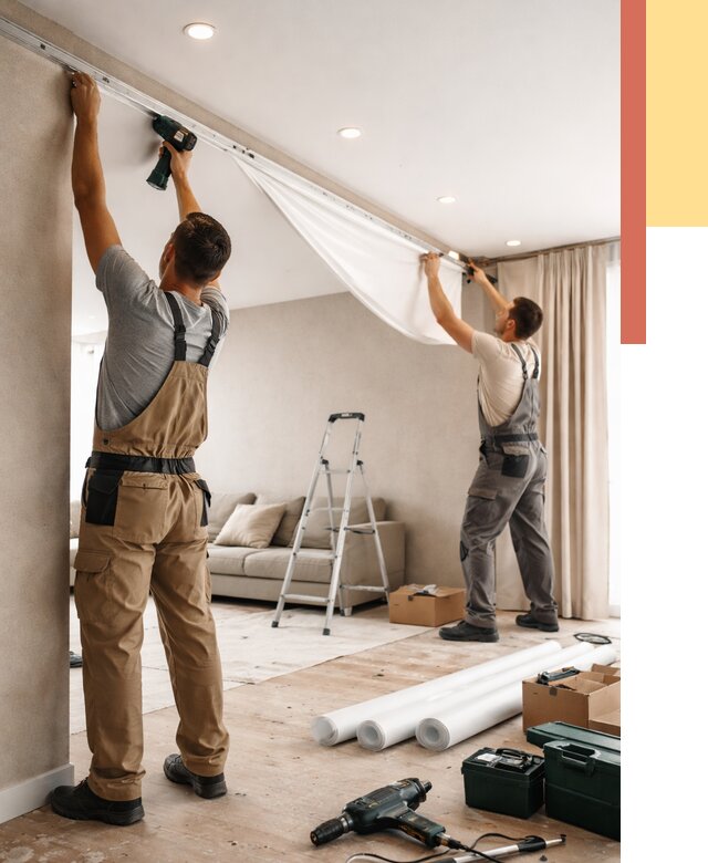 Монтаж натяжного потолка в гостиной в Сальске от 559 руб. | ОТДЕЛОЧНИК-Слс