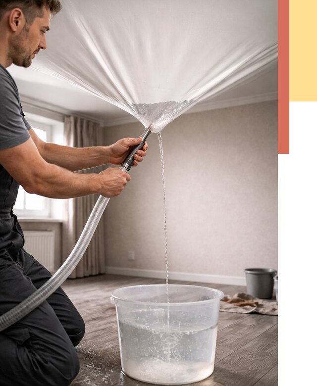 Слив воды с натяжного потолка в Сальске от 2542 руб. быстро и недорого | ОТДЕЛОЧНИК-Слс